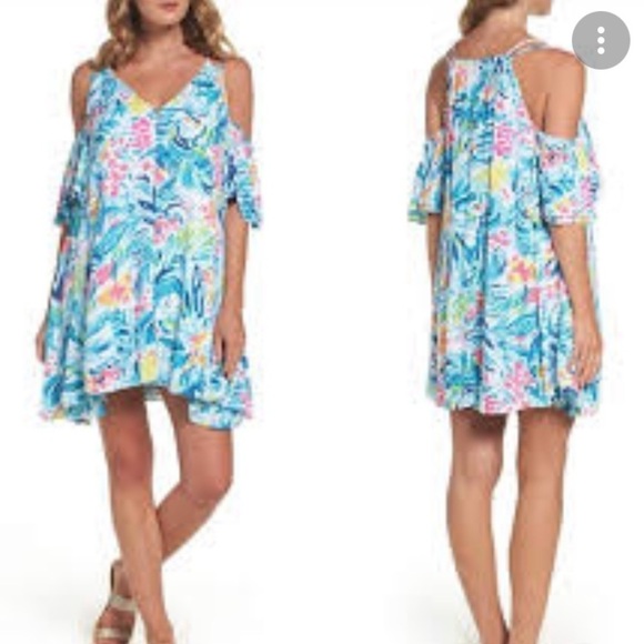 Lilly Pulitzer Bellamie Dress Serene Blue Tippy Top Sunny Shoulder Flowy Size XS - Picture 2 of 11